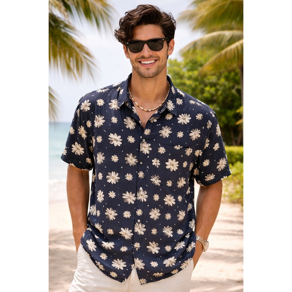 Burma Bibas Silk Shirt Mens XXL Navy Blue Floral Daisy tropical Camp Shirt